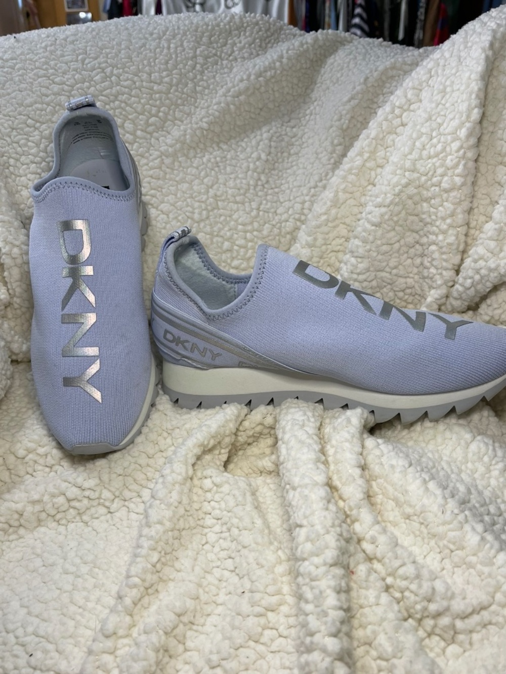 DKNY logo wedge tennis shoe, Light blue w/silver logo, size 9.5